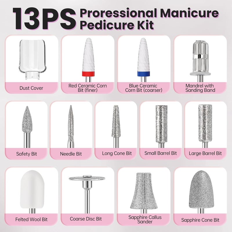 VFD Electric Nail Drill, Cordless 2000 mAh Rechargeable Portable Nail File 12 in 1 Kit for Thick Toenails, 10 Speeds Nail Dril Machine Professional Manicure Pedicure for Hand Natural Nails Care (White) - Image 5